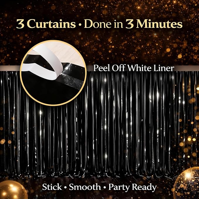 Glossy Black Foil Fringe Curtains – 3 Pack Metallic Tinsel Backdrop for New Year’s Eve & Party Decorations, 3.2 x 8.2 ft, Easy Peel & Stick, Party Photo Background