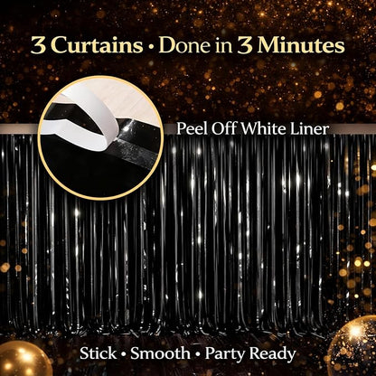 Glossy Black Foil Fringe Curtains – 3 Pack Metallic Tinsel Backdrop for New Year’s Eve & Party Decorations, 3.2 x 8.2 ft, Easy Peel & Stick, Party Photo Background