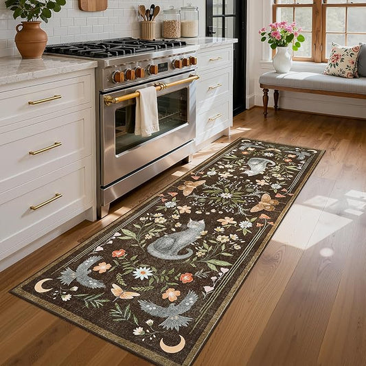GarveeHome 2.5x8 Cat Washable Runner Rug for Hallway, Soft Brown Long Kitchen Runner Non Slip Mushroom Insect Entryway Rug Floral Laundry Mat Stain Resistant Carpet for Bathroom Beside Rug