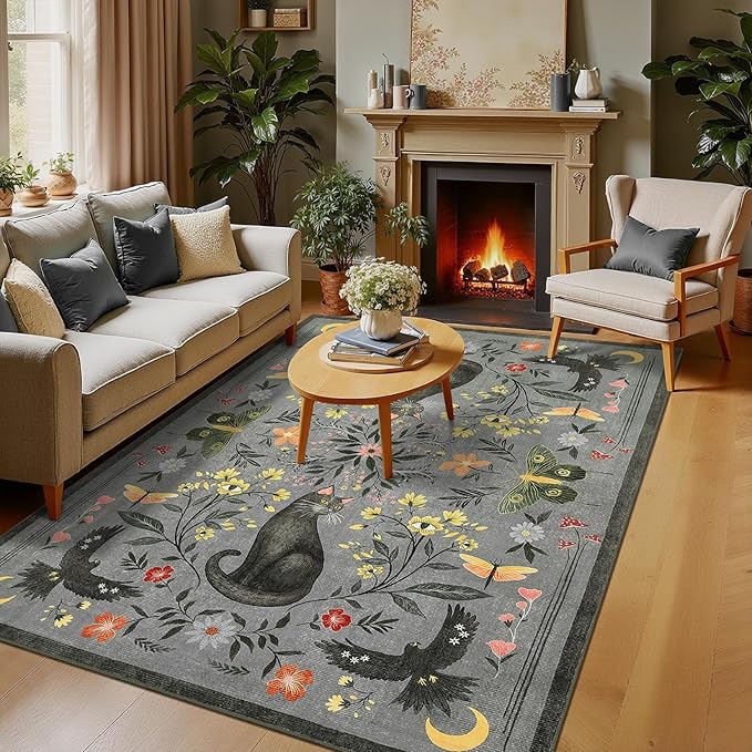 GarveeHome 5x7 Cat Area Rug Grey Washable Rugs for Living Room Bedroom, Soft Mushroom Floral Low Pile Non Slip Floor Mat Animal Print Throw Rug Indoor Carpet for Dorm Playroom Gothic Decor