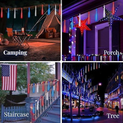 2-Pack Christmas Decorations Lights Outdoor, Total 432LED Meteor Shower Light with Timer, 30cm 18 Tubes Indoor Outdoor Snow Cascading String Light for Xmas Tree Party Garden Decor (Red White and Blue)