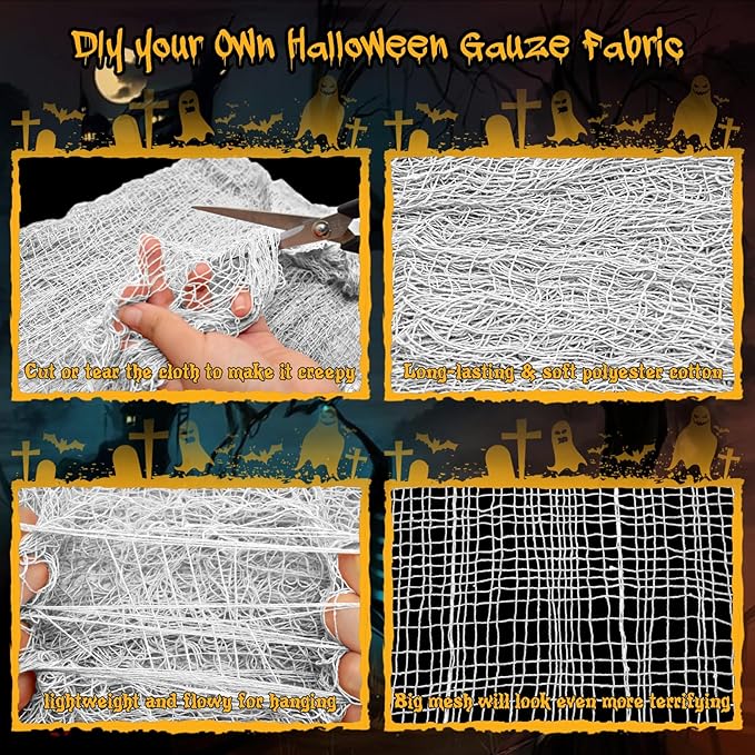 Legigo 6 Pack White Halloween Creepy Cloths Cheesecloths, Spooky Black Mesh Fabric Cheese Cloths for Crafts, Scary Gauze Fabric for Party Supplies Home Wall Doorway Outdoor Yard Decor