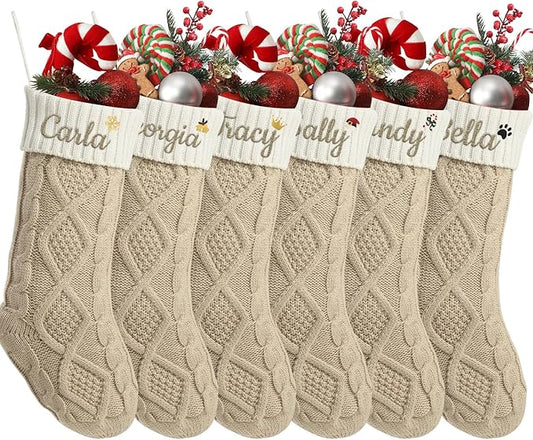 Personalized Christmas Stockings,Custom Embroidered Name+Logo Xmas Knitted Stockings 18'',Holiday and Family Stocking for Fireplace Christmas Holiday Party Decoration 1-6Pack（Flax White）
