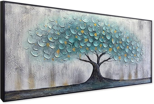 Teal Blue Tree of Life Canvas Wall Art for Living Room, Hand Painted Modern Abstract Textured Painting, Large Framed Panoramic Landscape wall art for Living Room, Bedroom, Office, Home Decor 60"x30"