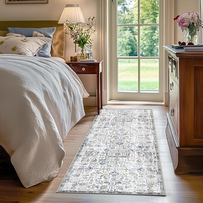 jinchan Runner Rug 2x6 Washable Hallway Rug Vintage Indoor Thin Retro Floor Cover Distressed Floral Country Lightweight Non Slip Carpet for Entryway Bathroom Kitchen Bedroom Living Room Blue