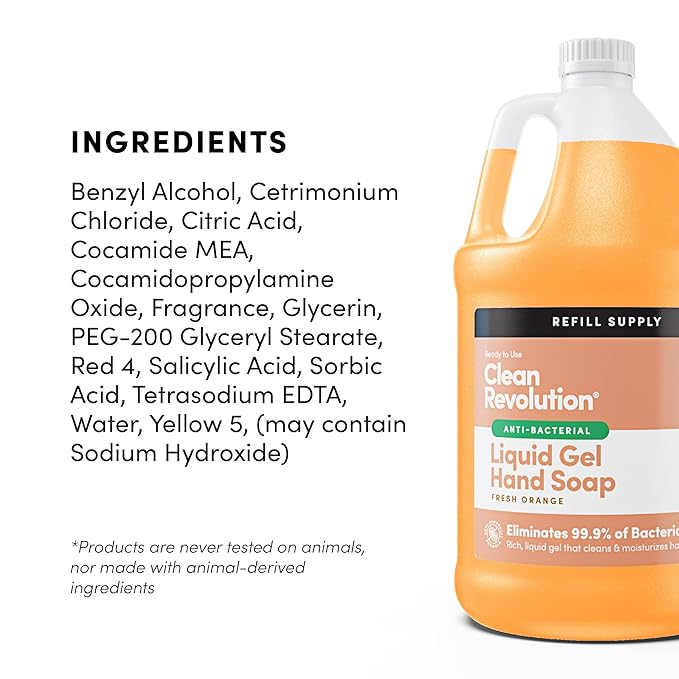 Clean Revolution Antibacterial Gel Hand Soap Refill, 128 Fl Oz, Ready To Use Gel Soap, Fresh Orange Scent, Non-Drying Formula - Made in USA