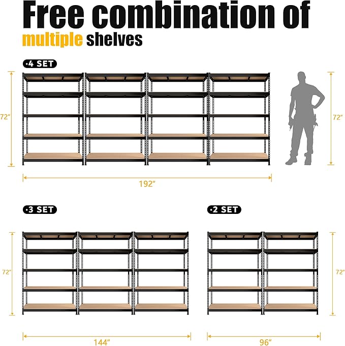 PrimeZone 3 Pack Storage Shelves 48" x 24" x 72", 5 Tier Adjustable Garage Storage Shelving, Heavy Duty Metal Storage Utility Rack Shelf Unit for Warehouse Pantry Closet Kitchen, Black