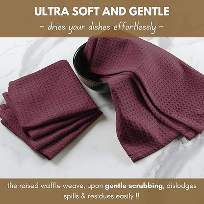 Native Fab Cotton Kitchen Towel with Hanging Loop 16x26 inches, 4-Pack, Waffle Weave Kitchen Towels for Cleaning Drying, Washcloths Soft & Absorbent Cloth Rags, Bar Towel, Dish Cloth, Burgundy Wine