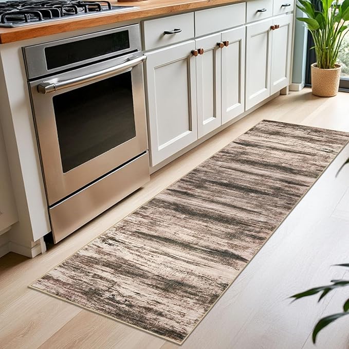 KOZYFLY Modern Abstract Hallway Runner Rug, 2x6 Washable Rug Runner Non-Slip Soft Kitchen Rugs, Print Blush Brown Carpet Runner for Entryway Bathroom Laundry Room Foyer