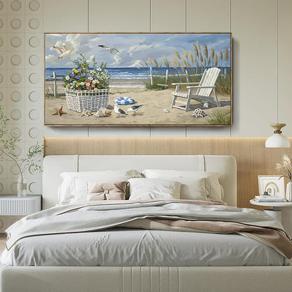 ARTZON Coastal Canvas Wall Art – Framed Sea Scene Oversized Print Artwork Beach Chair Sand Blue Ocean Landscape Picture for Living Room, Office Decor, 58x29 Inch