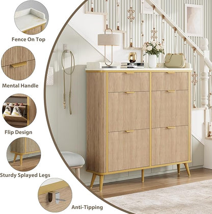 Fluted Shoe Cabinet Storage, Modern Slim Shoe Organizer Cabinet with 4 Flip Drawers & 2 Drawers, Wooden Freestanding Shoe Rack Cabinets for Entryway, Foyer, Hallway, Natural Oak