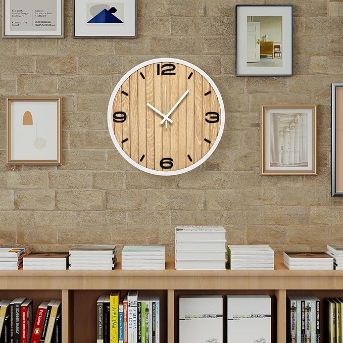 Round Wall Clock Battery Operated, Modern Wooden Small Analog Clocks 12 Inch Silent Non-Ticking for Home, Office, Apartment, Living Room, Bathroom, Kitchen, Bedroom