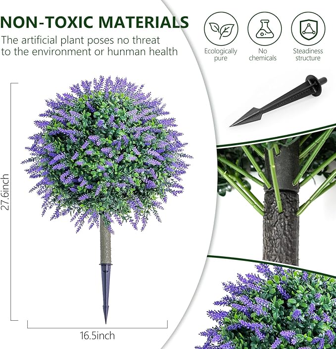 27.6''H Faux Lavender Plants Outdoor Set of 2, Realistic Artificial Boxwood Topiary Shrubs with Spike, UV Resistant Topiary Balls Large Fake Plant Faux Bushes for Indoor & Outdoor Decor
