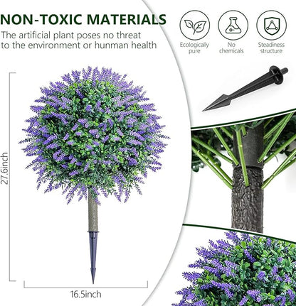 27.6''H Faux Lavender Plants Outdoor Set of 2, Realistic Artificial Boxwood Topiary Shrubs with Spike, UV Resistant Topiary Balls Large Fake Plant Faux Bushes for Indoor & Outdoor Decor