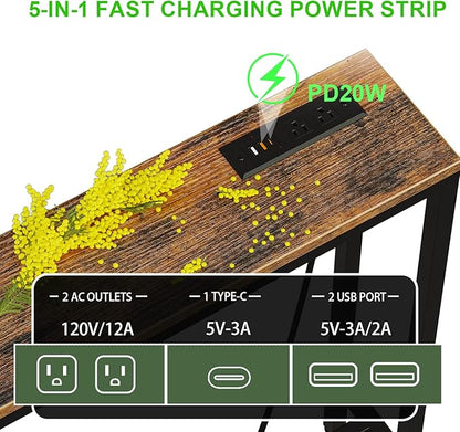 78.7" Behind Couch Table with Fast Charging Station, 7.1" Narrow Skinny Sofa Table with 2 Power Outlets, 2 USB-A, USB-C for Console Entryway, Rustic Brown