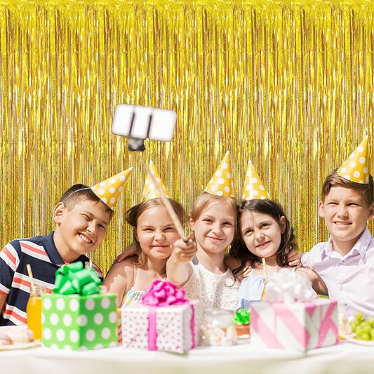 GOER 3.2 ft x 8.2 ft Metallic Tinsel Foil Fringe Curtains Party Photo Backdrop Party Streamers for Birthday,Graduation,New Year Eve Decorations Wedding Decor (3, Shiny Gold)