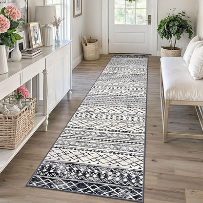 KUTA Moroccan Washable Runner Rug, 2x10 Non-Slip Vintage Black Navy Blue Boho Hallway Kitchen Runners Ultra Soft Distressed Geometric Floor Carpet Rugs for Bedroom Laundry Living Room