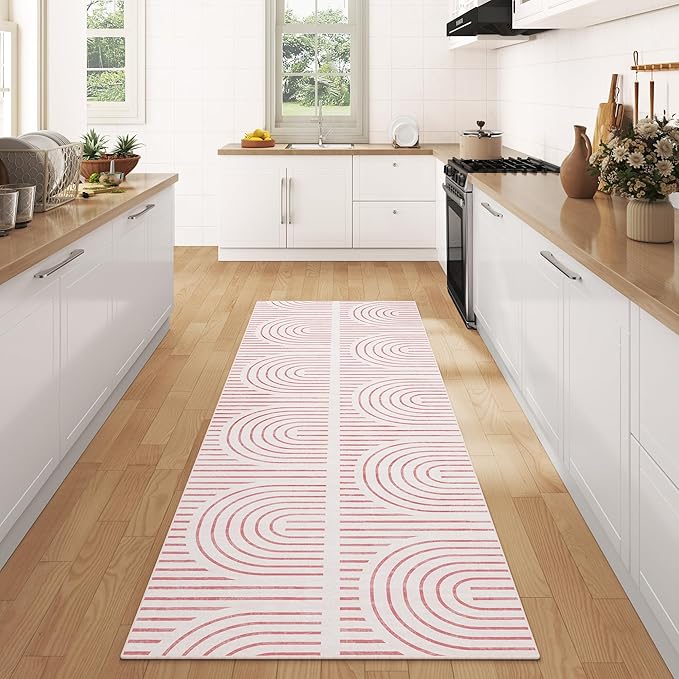 2x6 Washable Pink Runner Rugs for Kitchen, Soft Abstract Rainbow Boho Rug for Bedroom Bedside Laundry Room Bathroom,Modern Non Slip Low Pile Floor Mat