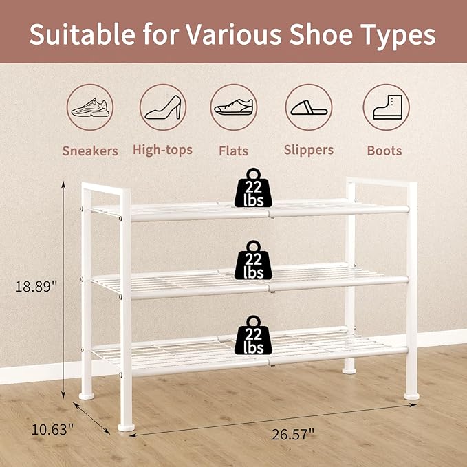 White Shoe Rack,3 Tier Metal Simple Shoe Storage Organizer Multi-Functional Shelf for Closet,Entryway, Garage,Dorm Room(White, 3 Tier)