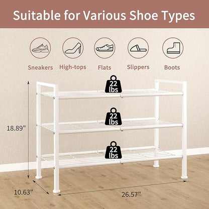 White Shoe Rack,3 Tier Metal Simple Shoe Storage Organizer Multi-Functional Shelf for Closet,Entryway, Garage,Dorm Room(White, 3 Tier)