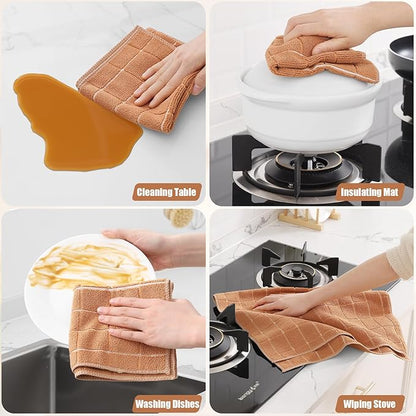 Homaxy Microfiber Kitchen Towels and Dishcloths Set, 12 Pack Soft and Absorbent Dish Hand Towels Bulk, 28 x 16 Inch & 12 x 12 Inch Quick Drying Rags for Washing Dishes, Camel