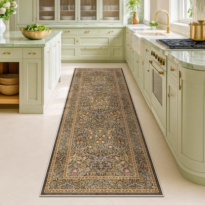 Non Slip 2x7 Gold Brown Bathroom Runner Rugs - Washable Long Runner for Kitchen, Hallway, Indoor Floor Mat, Bedroom Bedside - Brown Earthy Vintage Floral Décor