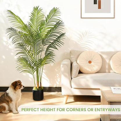 5FT Artificial Palm Tree, Tall Fake Tropical Areca Plant with Black Round Planter for Indoor Outdoor Home Decor, Realistic Faux Palm Tree for Living Room, Office, Porch, Garden