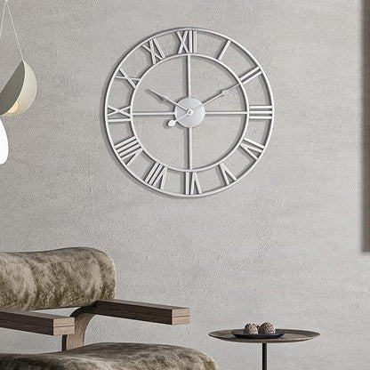 LEIKE 18.5" Modern Large Wall Clocks,Vintage, Round,Silent Non Ticking,Battery Operated,Silver Metal Roman Numerals Clock for Living Room/Bedroom/Kitchen Decor