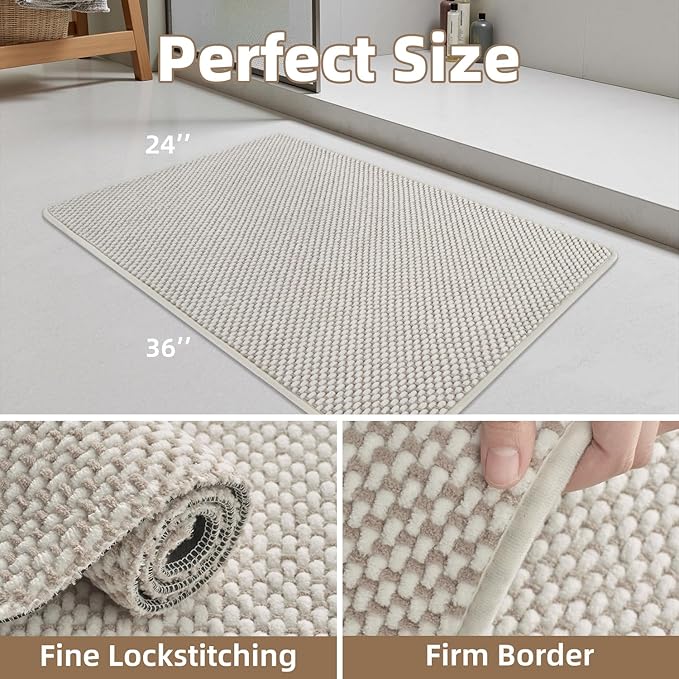 PADOOR-Bath Mat-Super Absorbent Chenille Bathroom Mats-Rubber Backed Bath Mats for Bathroom Non Slip, Easy Clean Bathroom Rugs Front of Bathtub,Shower Room,Sink-24×36, Beige&Cream
