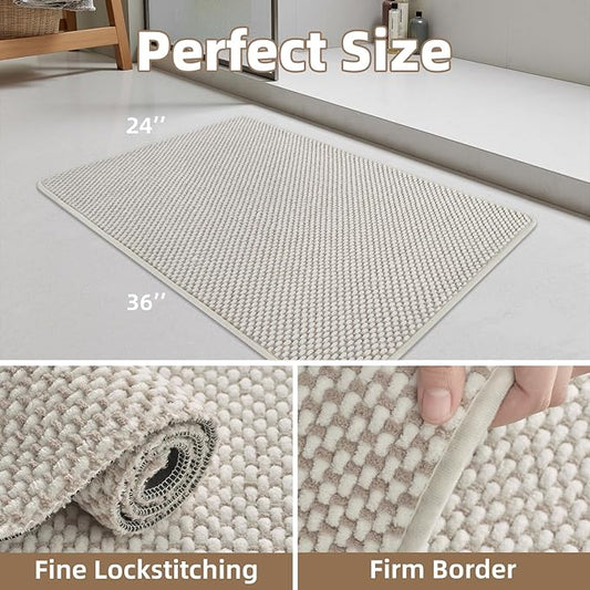 PADOOR-Bath Mat-Super Absorbent Chenille Bathroom Mats-Rubber Backed Bath Mats for Bathroom Non Slip, Easy Clean Bathroom Rugs Front of Bathtub,Shower Room,Sink-24×36, Beige&Cream