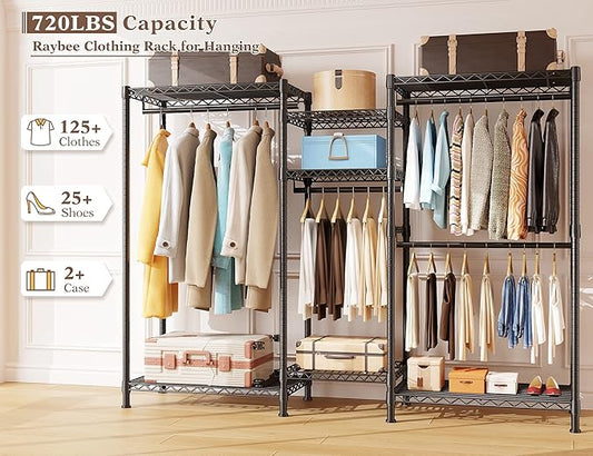 Raybee Clothes Rack Heavy Duty Clothing Racks for Hanging Clothes Adjustable Hanging Clothes Rack Garment Rack, Black, 13.9" D x 70.6" W x 77" H