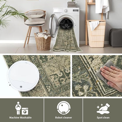 Vintage Washable Area Rug for Living Room,Low Pile 5x7 Non Slip Carpet Non-Shedding Area Rug Soft Indoor Stain Resistant Rug Floral Print Mat for Bedroom Dining Room Green