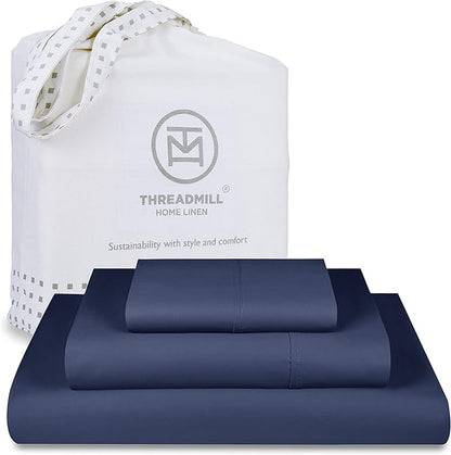 Threadmill Twin Sheet Set |656 Thread Count 100% Supima Cotton Sheets for Twin Mattress |Solid Sateen Twin Bed Sheets Set | 16” Deep Pocket | Soft Breathable 3-Piece Cooling Sheet Set | Folkstone Blue