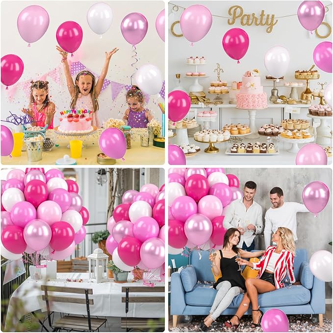 Pink Balloons, 12 Inch Hot Pink Balloons, Pastel Metallic Pink White Latex Balloon Helium for Girls Birthday Baby Shower Wedding Gender Reveal Bridal Shower Princess Party Decoration