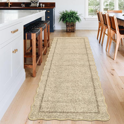 GarveeHome Scalloped Washable Runner Rug 2x8 Runner Modern Non Slip Kitchen Rugs Entryway Rug Farmhouse Soft Bathroom Rugs Stain Resistant Carpet for Hallway Laundry Bedroom 2 ft x8 ft Jute