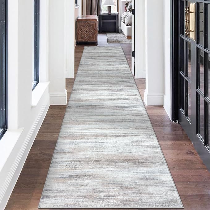 KOZYFLY Modern Abstract Kitchen Runner Rug, 2.6x14 Washable Rug Runner Non-Slip Soft Striped Hallway Runner Rugs, Beige Print Carpet Runner for Entryway Bathroom Laundry Room Foyer