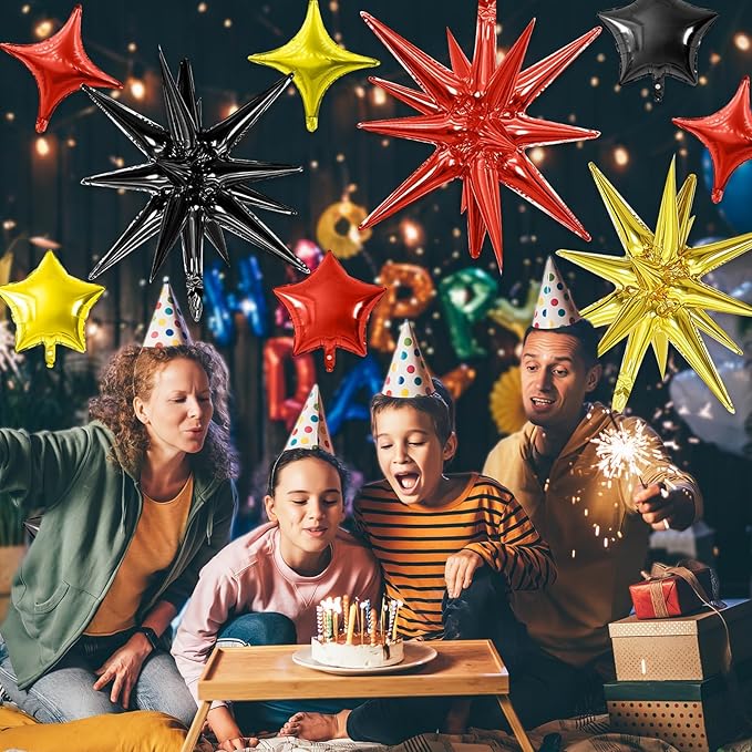 Black Gold Red Star Balloon,16Pcs Star Foil Balloons Set with 22Inch Explosion Spike Cone Balloons and 10Inch Quadrangle Helium Balloon for Birthday Wedding Baby Shower Party Decorations