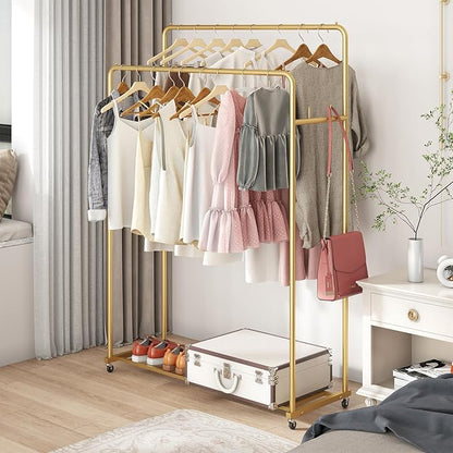 Double Rod Clothing Garment Rack, Heavy Duty Metal Rolling Clothes Rack with Wheels with 4 Fixed Hooks, Multi-Functional Bedroom Organizer Hanging Clothes, Gold
