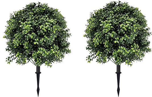 Artificial Boxwood Topiary Ball Tree with Ground Spike 27.5", Set of 2 Outdoor Faux Plants UV Resistant Fake Bushes Shrubs for Garden, Yard, Porch, Patio Decor