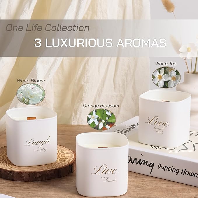 Set of 3 Premium Scented Soy Candles Gift Set | One Life Collection - Orange Blossom, White Tea & White Bloom | Crackling Wood Wick | Luxury Candle Set for Relaxation, Home Décor & Gifts | 9.8oz Each