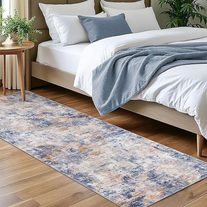 Modern Abstract Runner Rug for Bedroom 2x7, Grey Blue Orange Multi Washable Kitchen Runner, Non-Slip Soft Thin Faux Wool Mat for Entryway, Hallway, Laundry Room Indoor