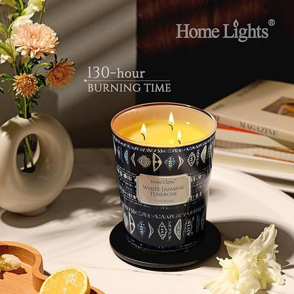 HomeLights Scented Candles | Large Jar 34 Oz Natural Soy Candle | 130 hrs Long-Lasting with 3 Wicks | Bohemian Natural for Home Decor | Gifts for Mom & Women, White Jasmine Tuberose