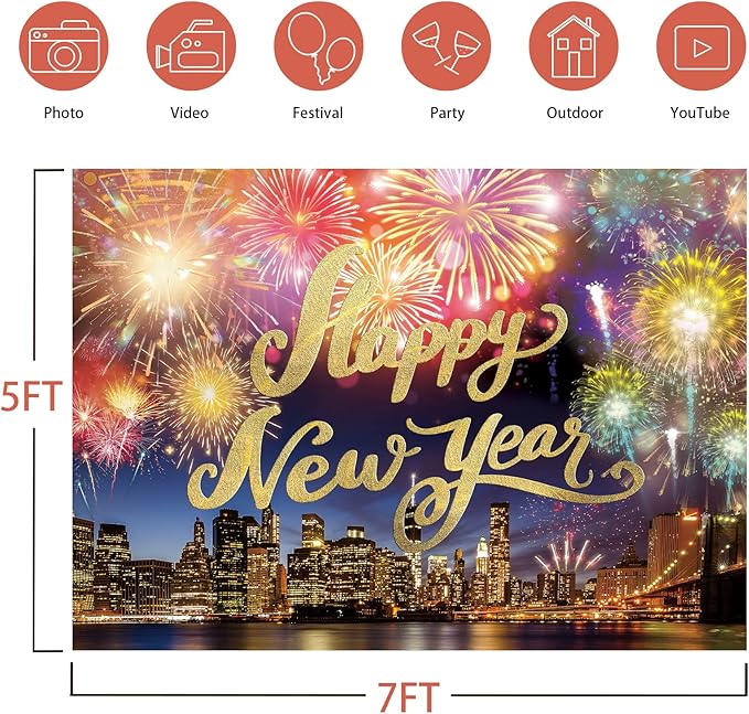 Happy New Year Backdrop,7x5FT New Year Banner 2026 Happy New Year Backdrop Party Decor New Year Eve Party Backdrop Supplies