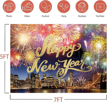 Happy New Year Backdrop,7x5FT New Year Banner 2026 Happy New Year Backdrop Party Decor New Year Eve Party Backdrop Supplies