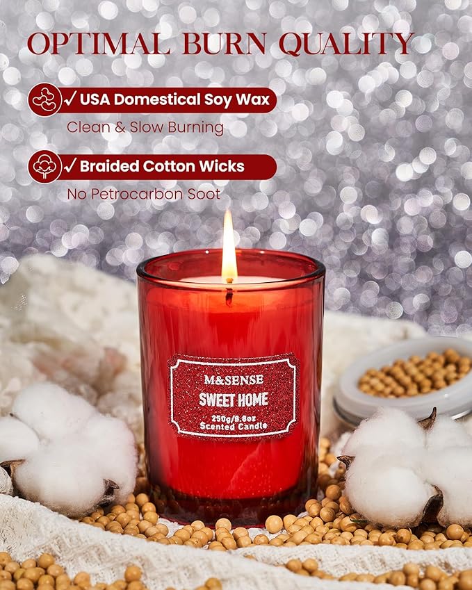M&SENSE Cinnamon Apple Scented Candles, Christmas Candle 8.8 oz Glitter Jar Candles, Holiday Candles Gifts for Women, Strong Scented Natural Soy Candle for Christmas Home Decor, 50 Hours Long Burning