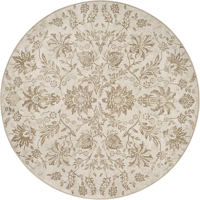 jinchan Classic Floral Round Rug 6ft, Vintage-Inspired Neutral Design 6’Circle Rug, Machine Washable Ultra-Thin Low-Pile Non-Slip Indoor Carpet for Bedroom Dining Room Living Room Entryway, Taupe