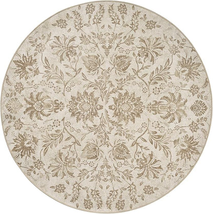 jinchan Classic Floral Round Rug 8ft, Vintage-Inspired Neutral Design 8’Circle Rug, Machine Washable Ultra-Thin Low-Pile Non-Slip Indoor Carpet for Bedroom Dining Room Living Room, Taupe