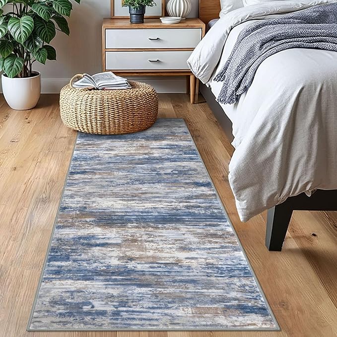 KOZYFLY Modern Abstract Runner Rugs 2x6 Blue Rust Machine Washable Area Rug for Bedroom Non-Slip Living Room Rug, Faux Wool Soft Low Pile Office Carpet for Dining Room, Bedroom, Kitchen Bathroom