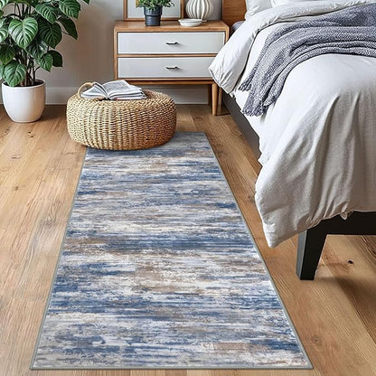 KOZYFLY Modern Abstract Runner Rugs 2x6 Blue Rust Machine Washable Area Rug for Bedroom Non-Slip Living Room Rug, Faux Wool Soft Low Pile Office Carpet for Dining Room, Bedroom, Kitchen Bathroom