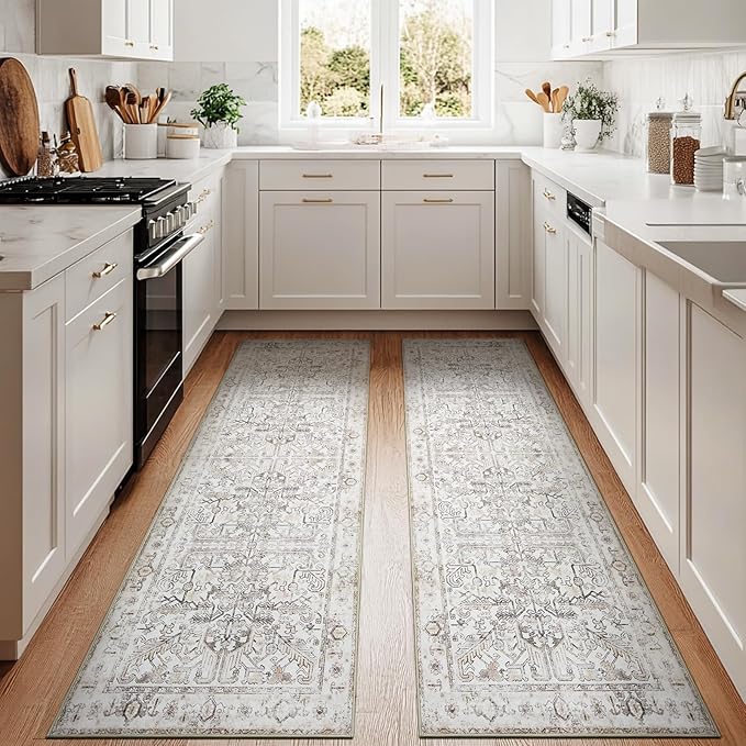 jinchan Kitchen Runner Rug 3x10-2pcs, Bohemian Hallway Washable Rug Floral Non Slip with Rubber Backing Vintage Carpet Runner for Bedroom Bathroom Laundry Room Living Room Taupe